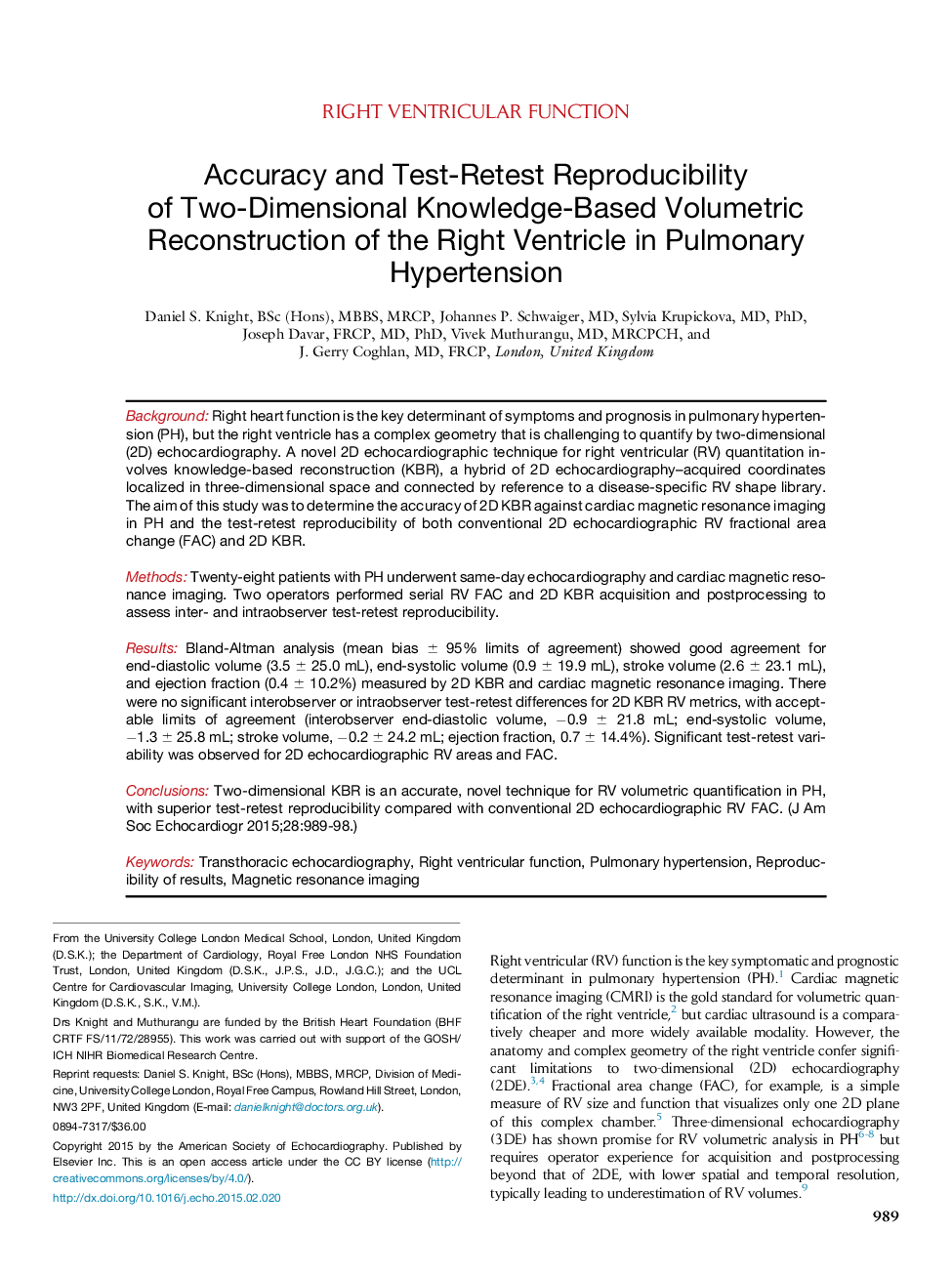 Accuracy and Test-Retest Reproducibility ofÂ Two-Dimensional Knowledge-Based Volumetric Reconstruction of the Right Ventricle in Pulmonary Hypertension