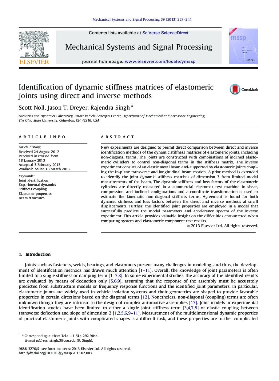 Identification of dynamic stiffness matrices of elastomeric joints using direct and inverse methods