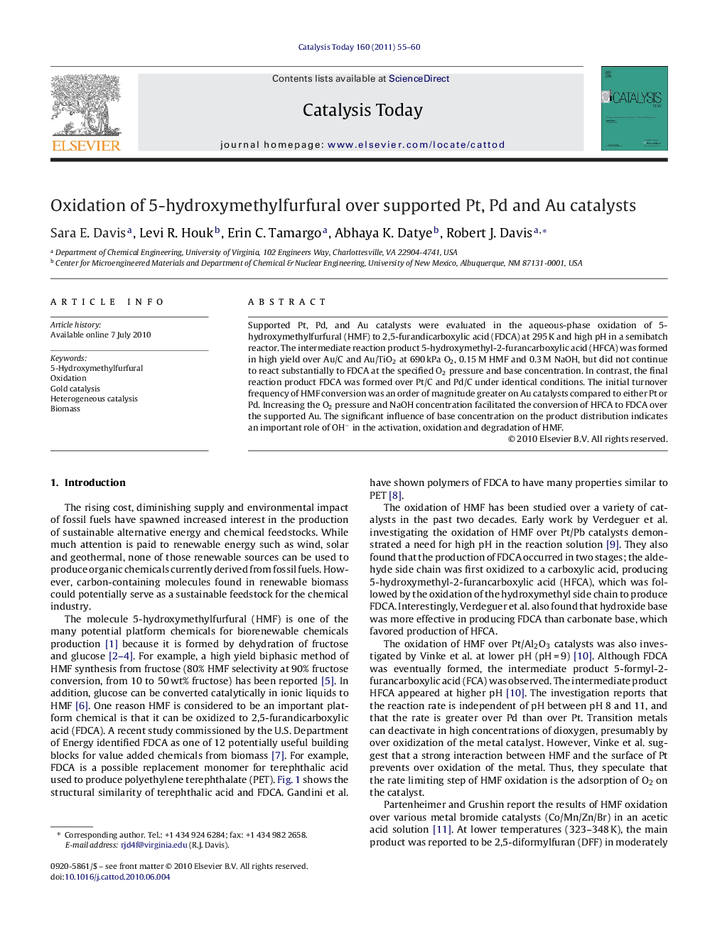 Oxidation of 5-hydroxymethylfurfural over supported Pt, Pd and Au catalysts