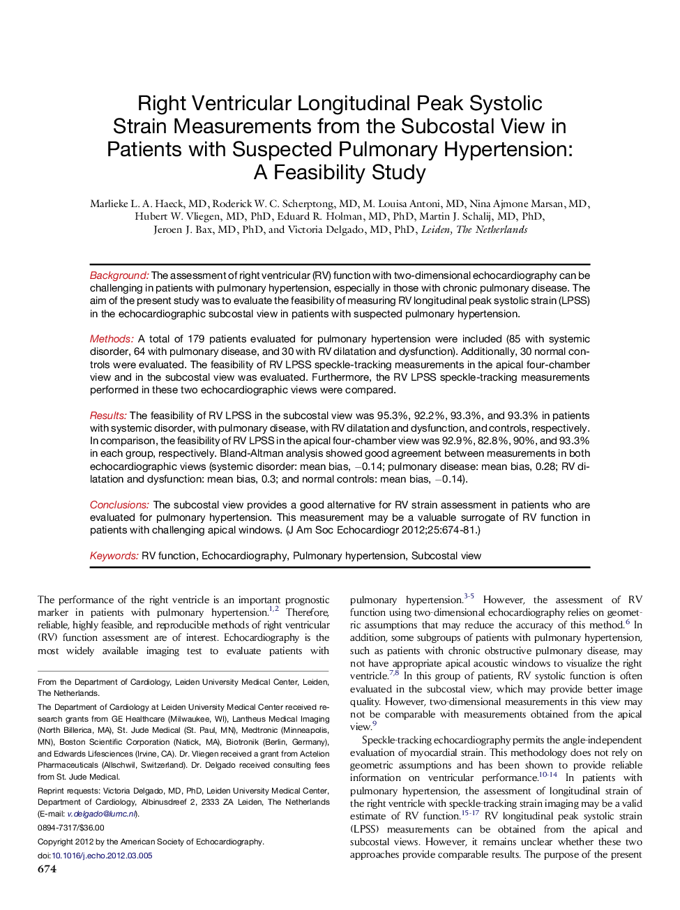 Right Ventricular Longitudinal Peak Systolic Strain Measurements from the Subcostal View in Patients with Suspected Pulmonary Hypertension: AÂ Feasibility Study