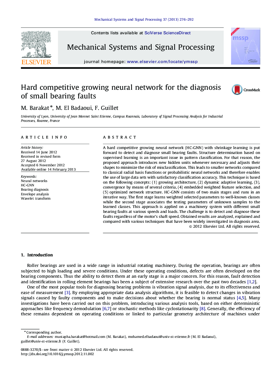 Hard competitive growing neural network for the diagnosis of small bearing faults