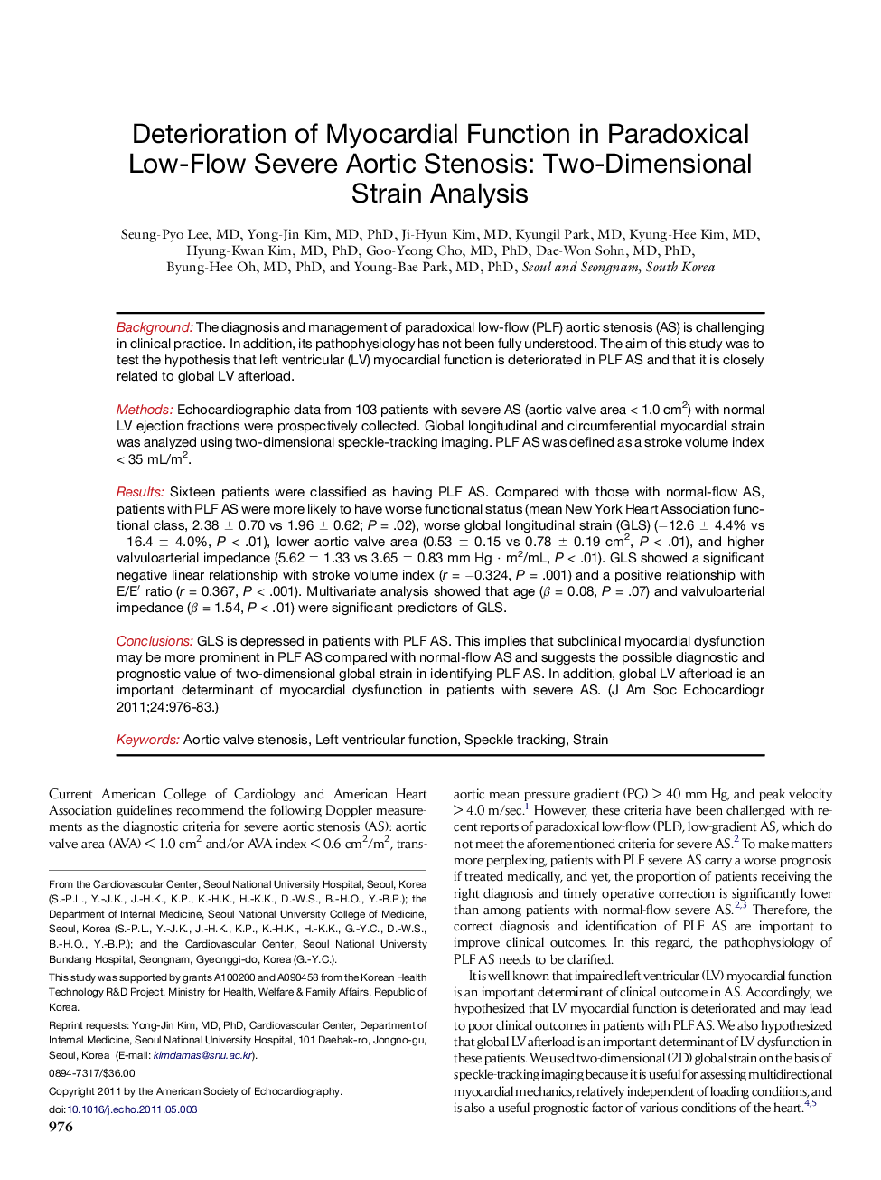 Deterioration of Myocardial Function in Paradoxical Low-Flow Severe Aortic Stenosis: Two-Dimensional Strain Analysis