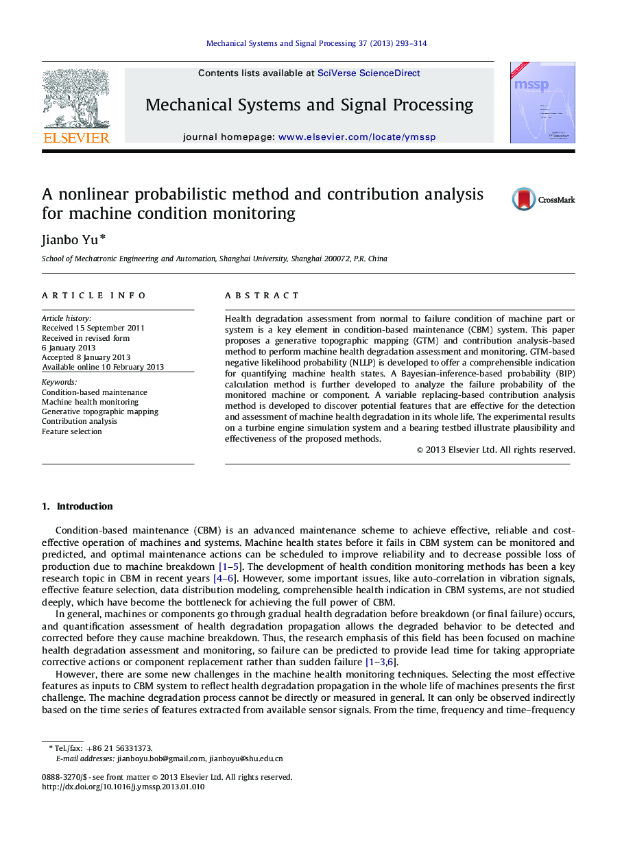 A nonlinear probabilistic method and contribution analysis for machine condition monitoring