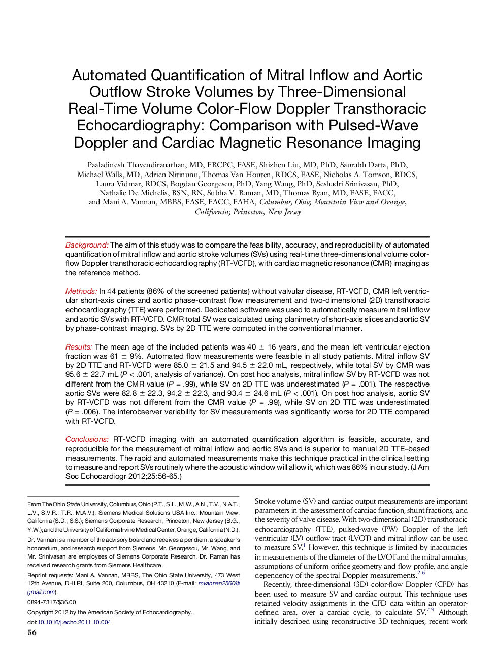 Automated Quantification of Mitral Inflow and Aortic Outflow Stroke Volumes by Three-Dimensional Real-Time Volume Color-Flow Doppler Transthoracic Echocardiography: Comparison with Pulsed-Wave Doppler and Cardiac Magnetic Resonance Imaging