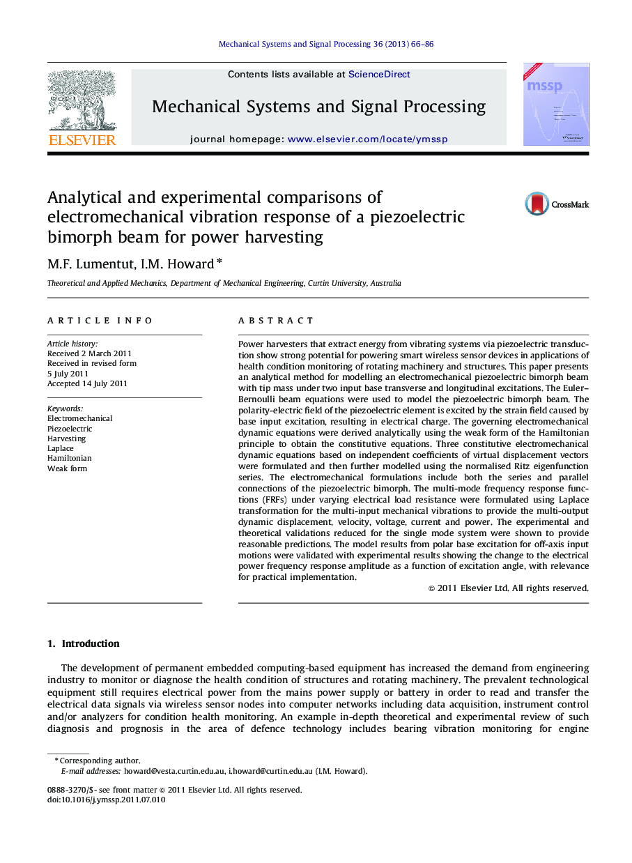 Analytical and experimental comparisons of electromechanical vibration response of a piezoelectric bimorph beam for power harvesting