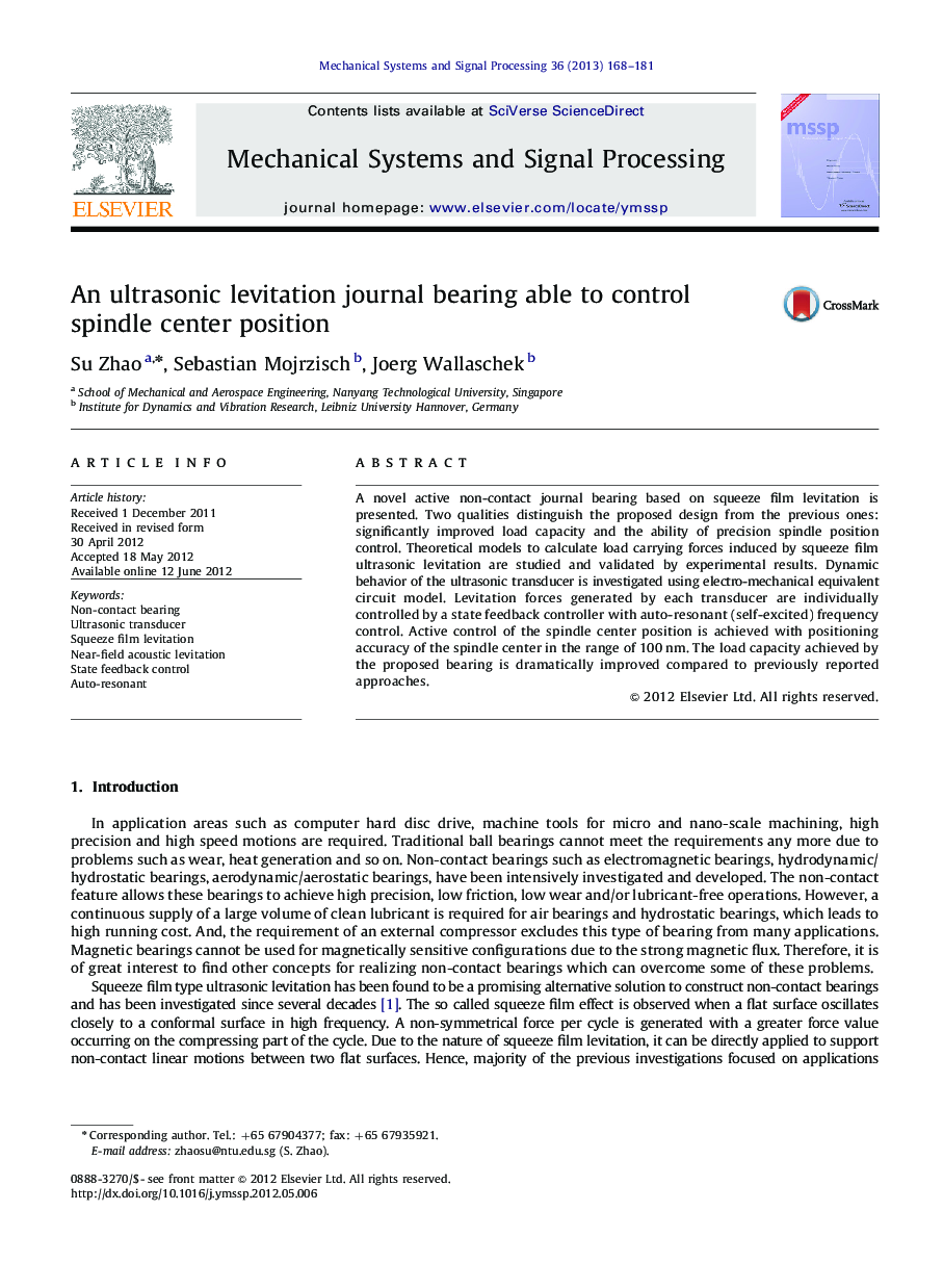 An ultrasonic levitation journal bearing able to control spindle center position