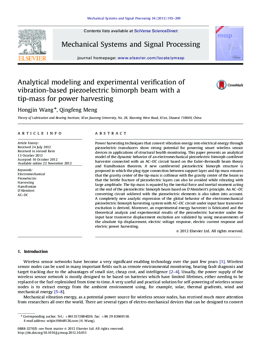Analytical modeling and experimental verification of vibration-based piezoelectric bimorph beam with a tip-mass for power harvesting