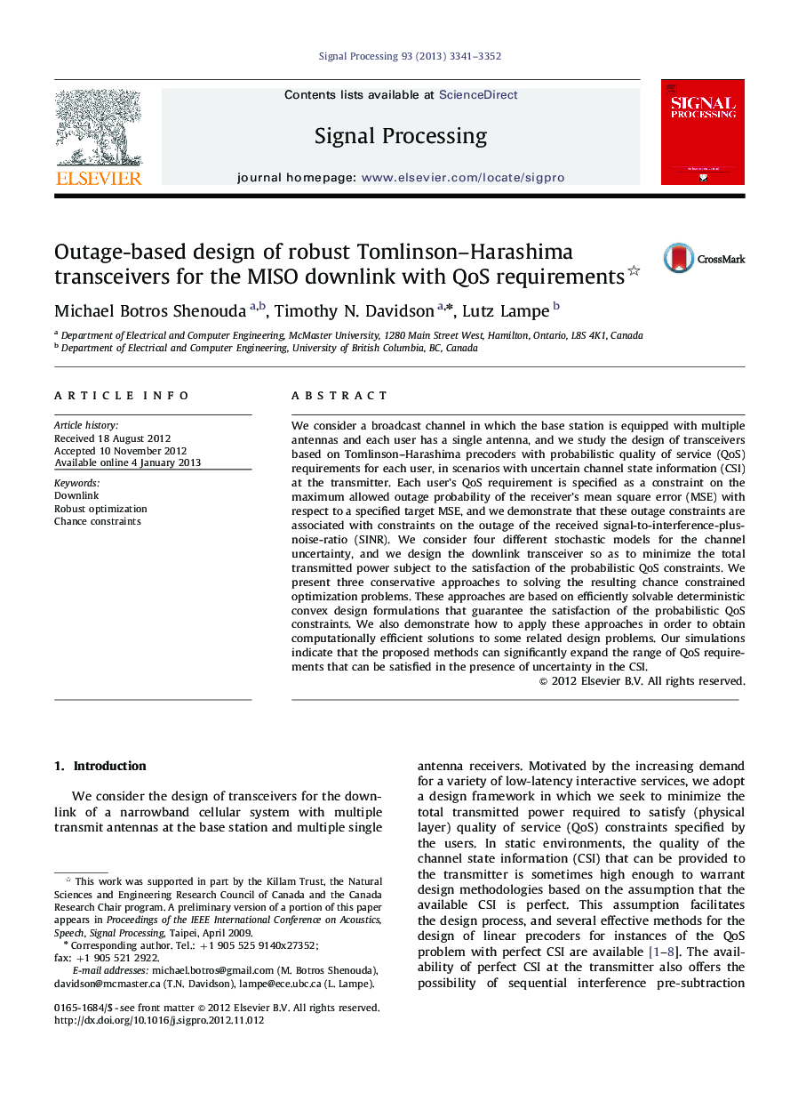 Outage-based design of robust Tomlinson–Harashima transceivers for the MISO downlink with QoS requirements 