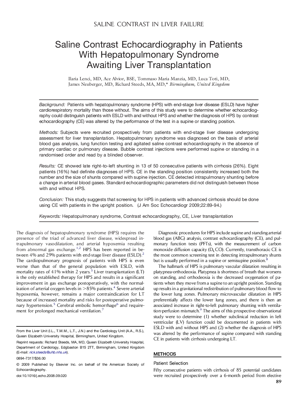 Saline Contrast Echocardiography in Patients With Hepatopulmonary Syndrome Awaiting Liver Transplantation