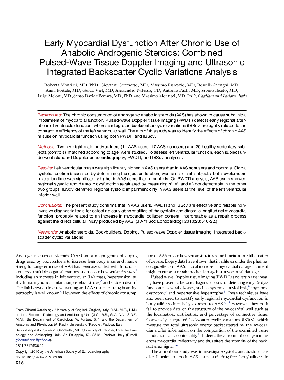Early Myocardial Dysfunction After Chronic Use of Anabolic Androgenic Steroids: Combined Pulsed-Wave Tissue Doppler Imaging and Ultrasonic Integrated Backscatter Cyclic Variations Analysis