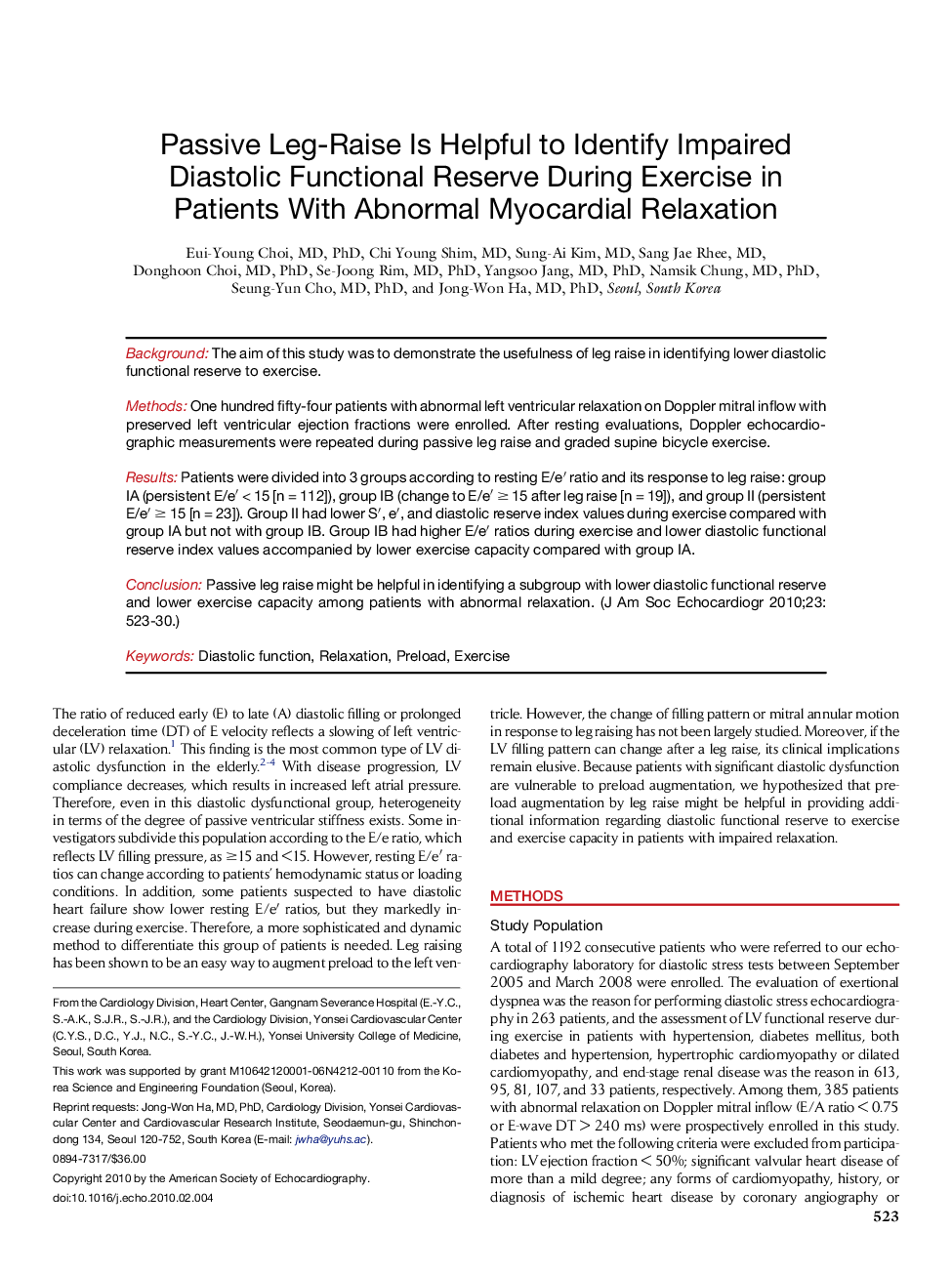 Passive Leg-Raise Is Helpful to Identify Impaired Diastolic Functional Reserve During Exercise in Patients With Abnormal Myocardial Relaxation