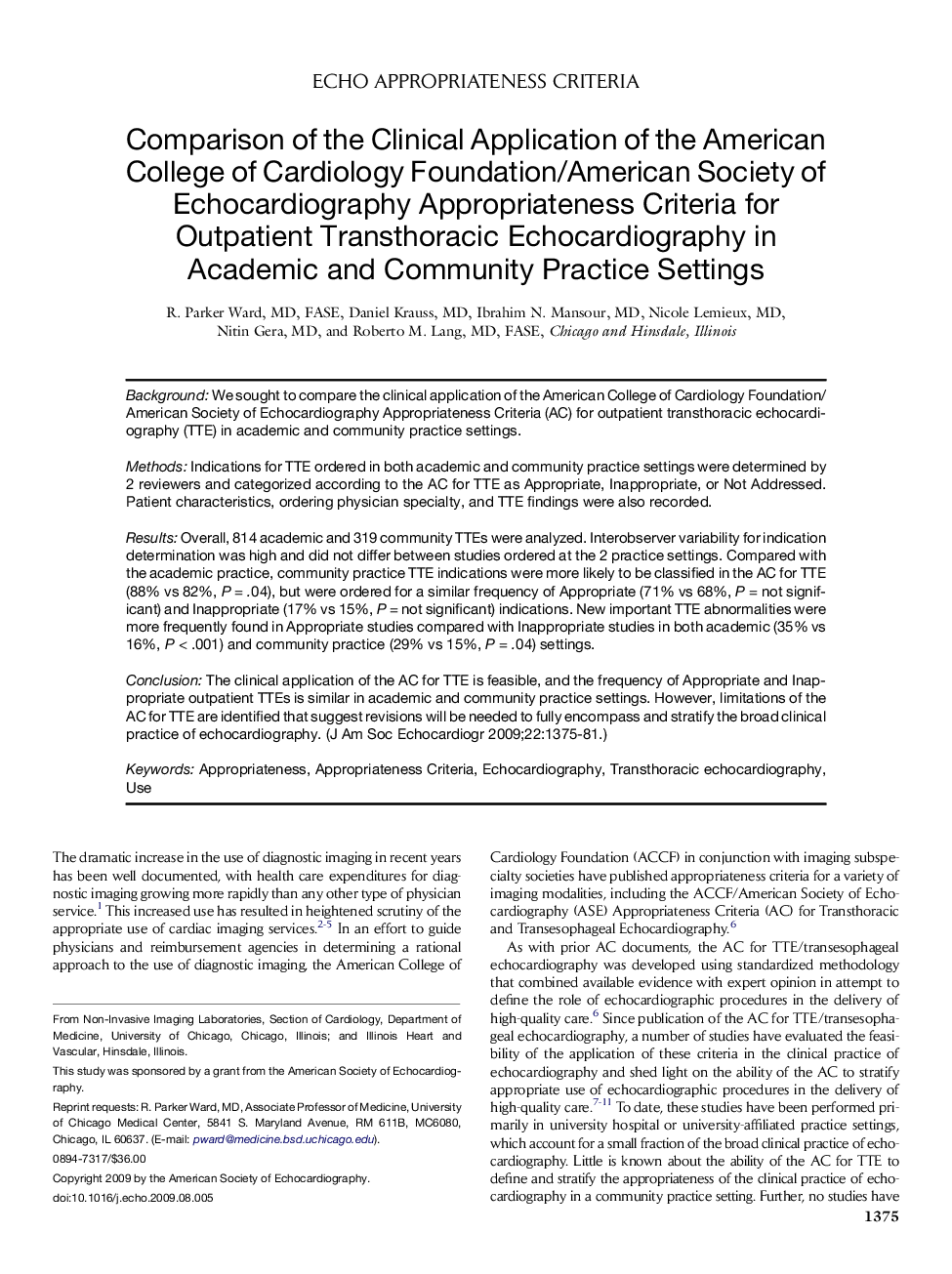 Comparison of the Clinical Application of the American College of Cardiology Foundation/American Society of Echocardiography Appropriateness Criteria for Outpatient Transthoracic Echocardiography in Academic and Community Practice Settings