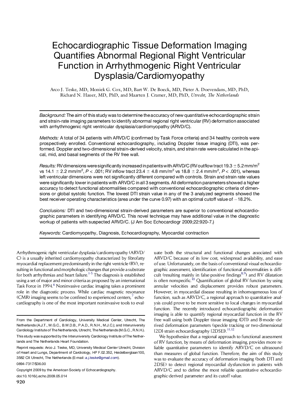 Echocardiographic Tissue Deformation Imaging Quantifies Abnormal Regional Right Ventricular Function in Arrhythmogenic Right Ventricular Dysplasia/Cardiomyopathy