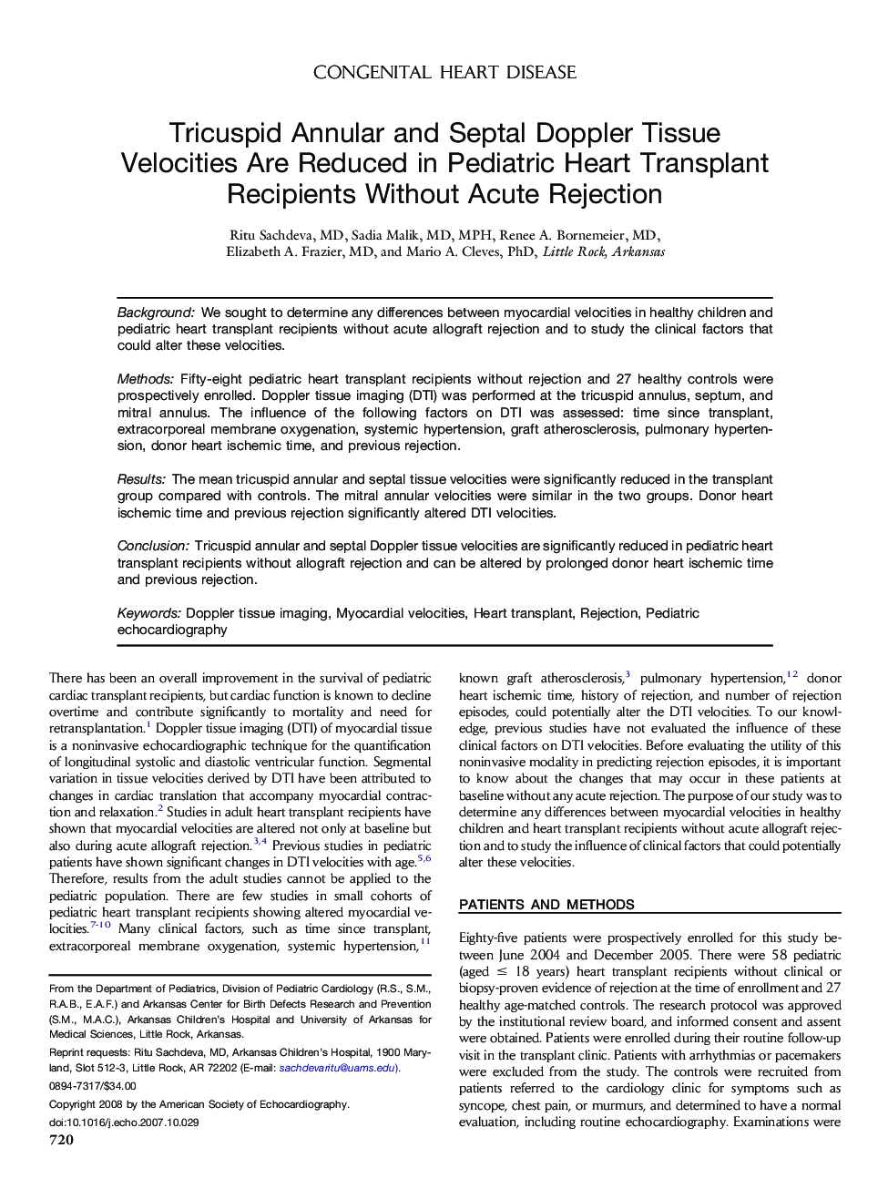 Tricuspid Annular and Septal Doppler Tissue Velocities Are Reduced in Pediatric Heart Transplant Recipients Without Acute Rejection