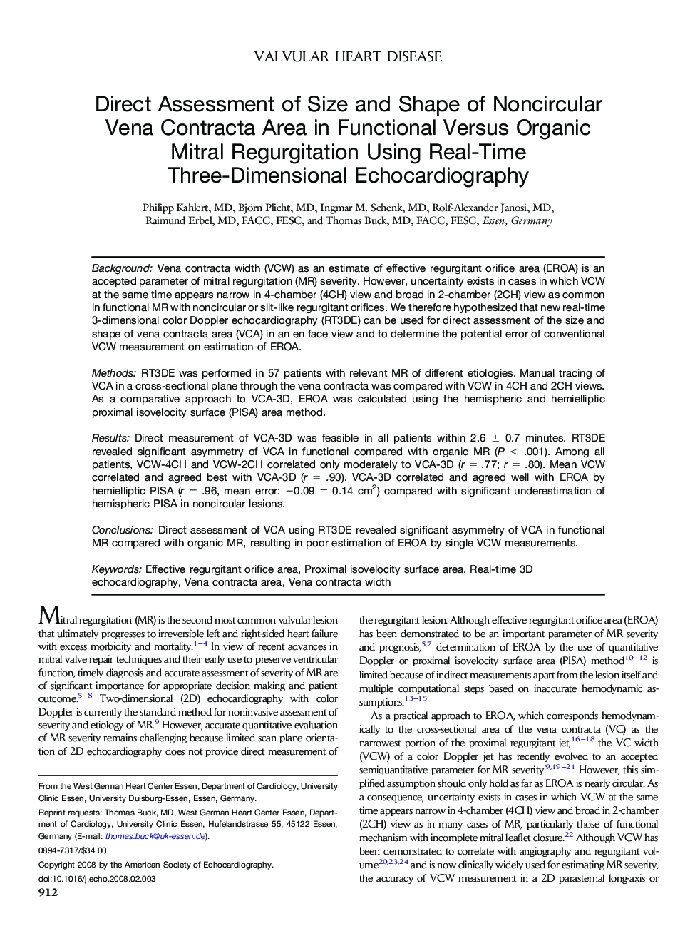 Direct Assessment of Size and Shape of Noncircular Vena Contracta Area in Functional Versus Organic Mitral Regurgitation Using Real-Time Three-Dimensional Echocardiography