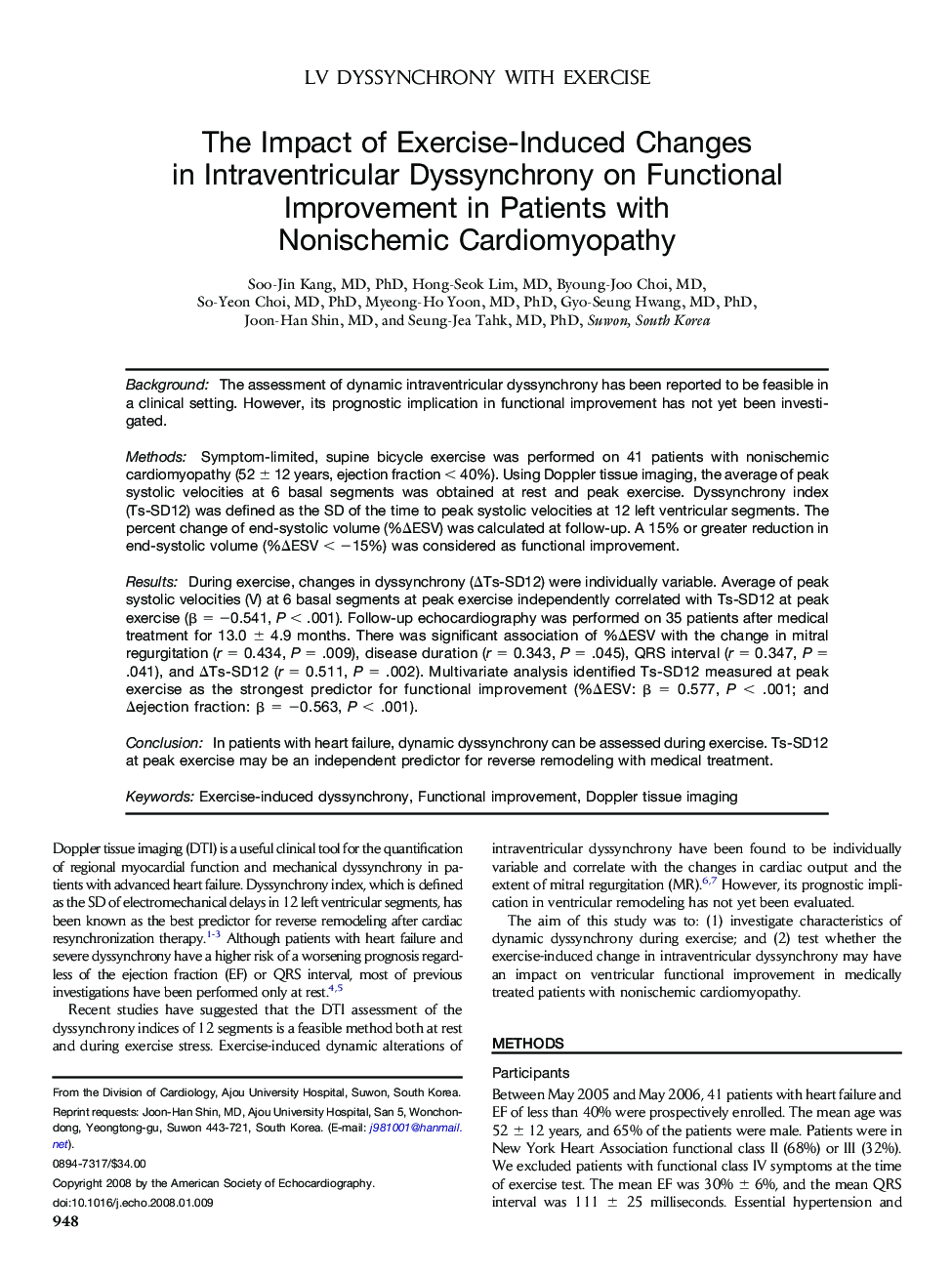 The Impact of Exercise-Induced Changes in Intraventricular Dyssynchrony on Functional Improvement in Patients with Nonischemic Cardiomyopathy