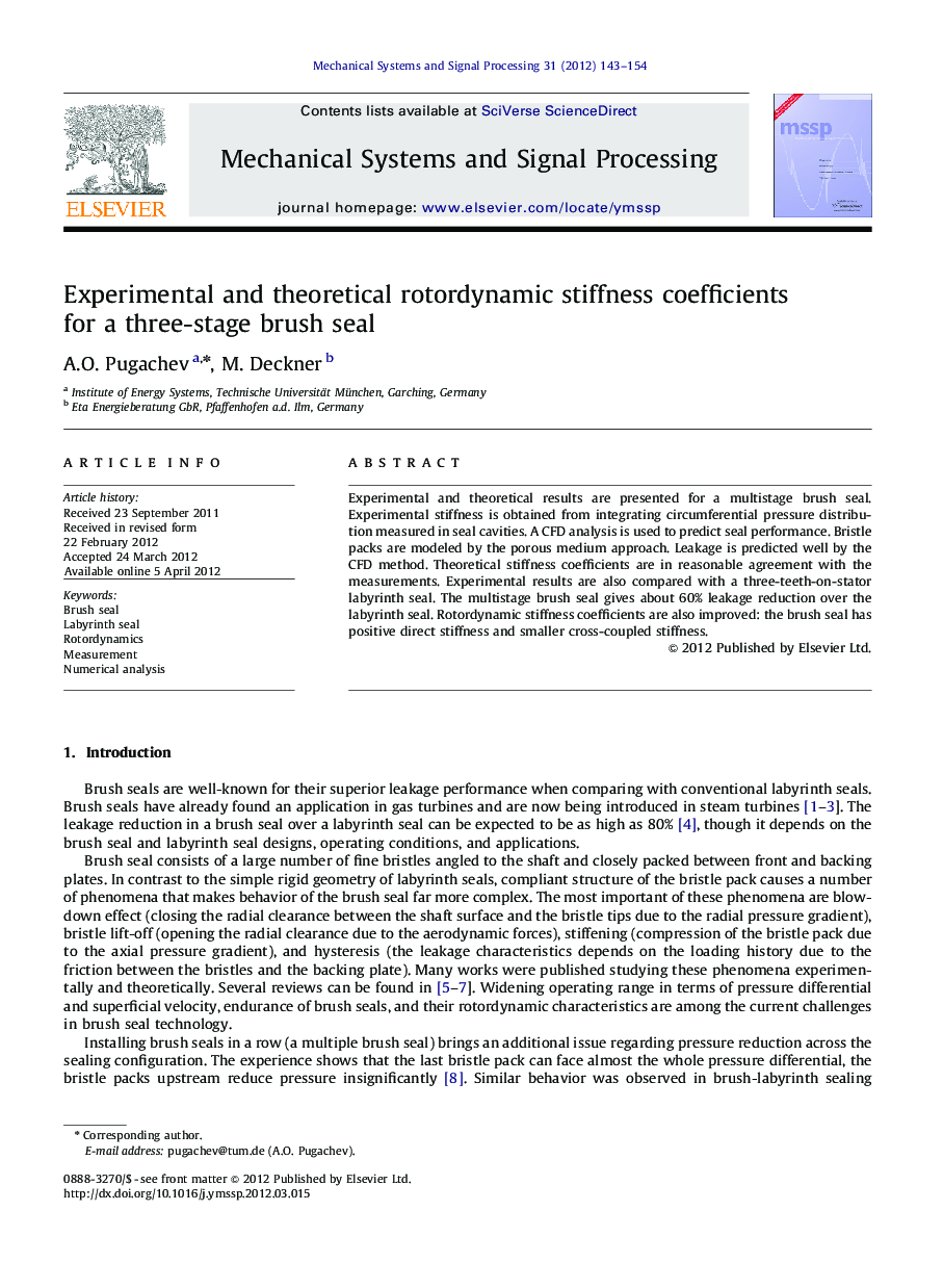 Experimental and theoretical rotordynamic stiffness coefficients for a three-stage brush seal