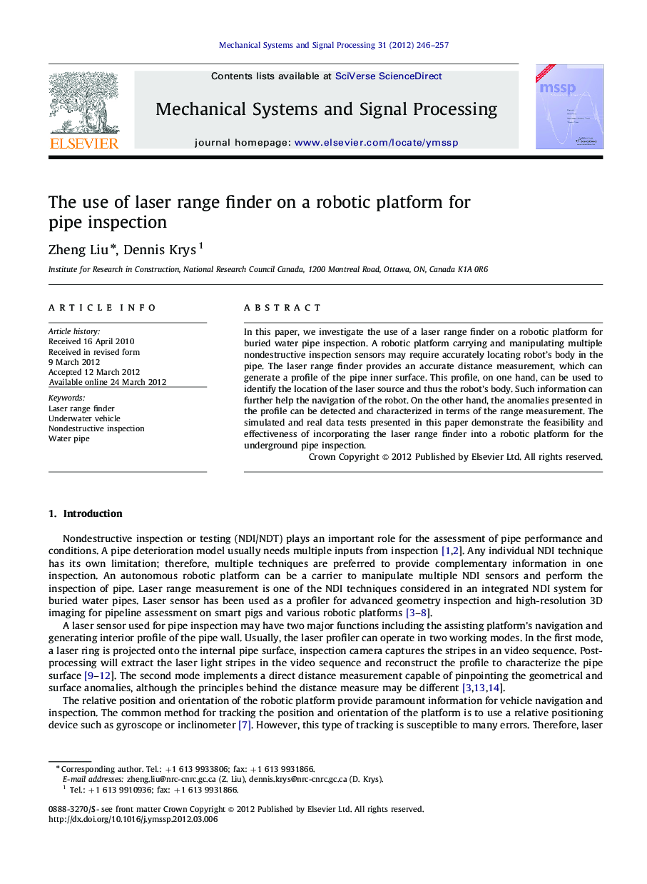 The use of laser range finder on a robotic platform for pipe inspection