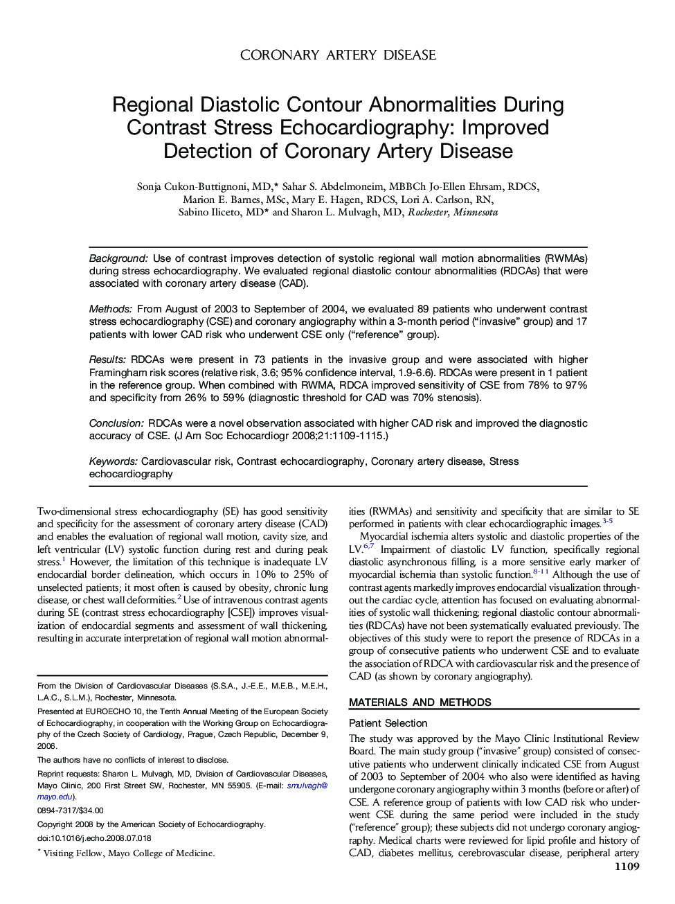 Regional Diastolic Contour Abnormalities During Contrast Stress Echocardiography: Improved Detection of Coronary Artery Disease