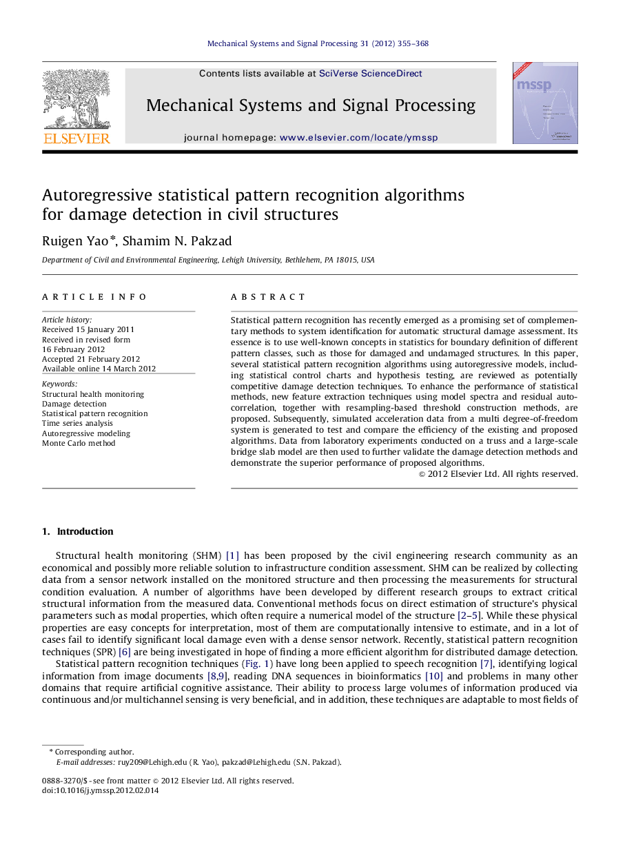 Autoregressive statistical pattern recognition algorithms for damage detection in civil structures