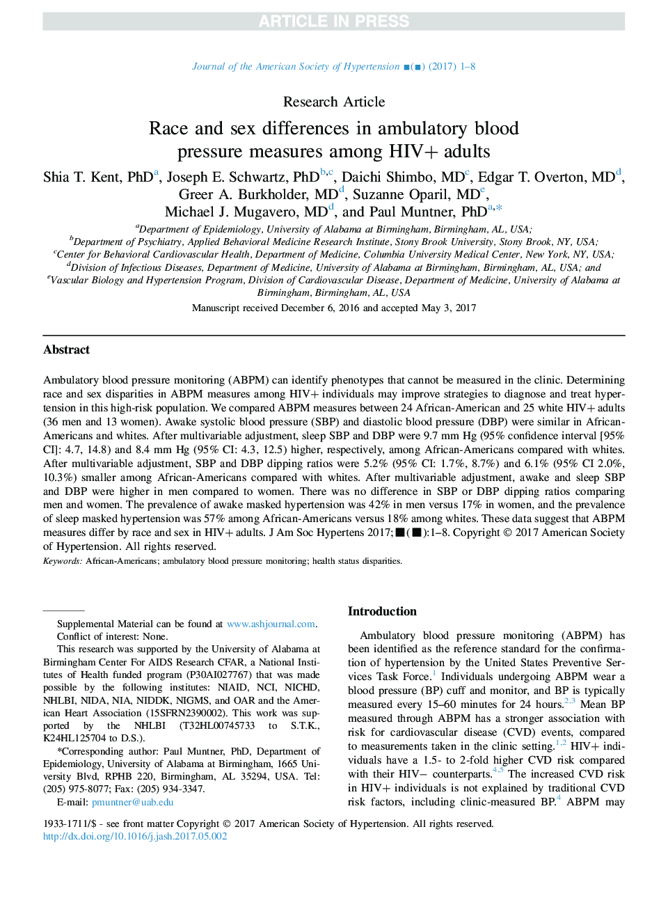 Race and sex differences in ambulatory blood pressure measures among HIV+ adults