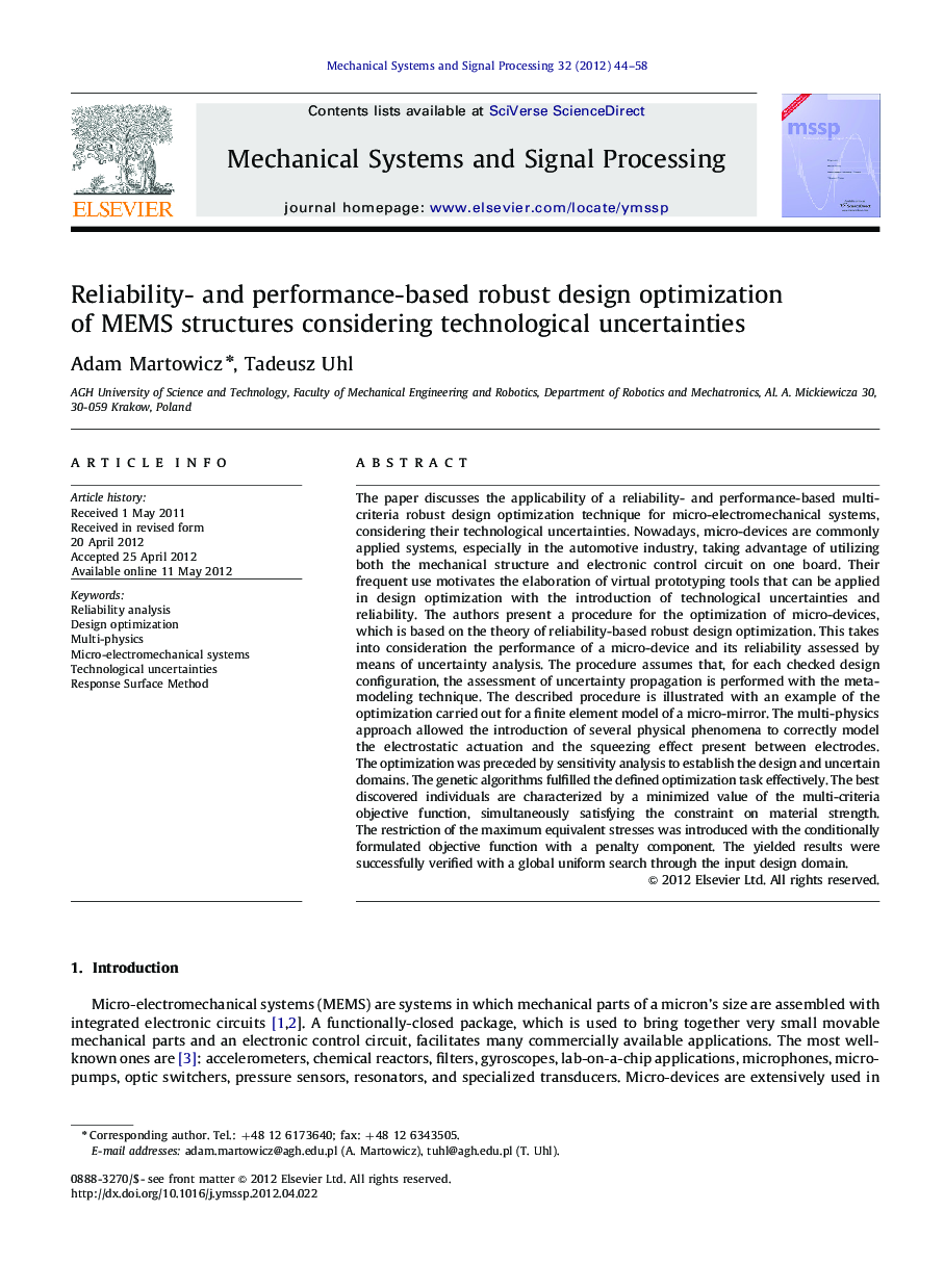 Reliability- and performance-based robust design optimization of MEMS structures considering technological uncertainties