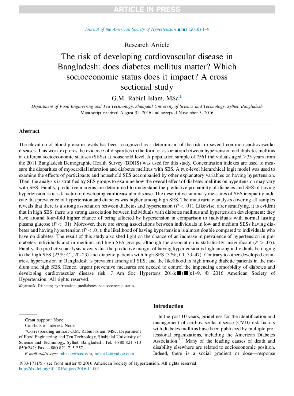 The risk of developing cardiovascular disease in Bangladesh: does diabetes mellitus matter? Which socioeconomic status does it impact? A cross sectional study