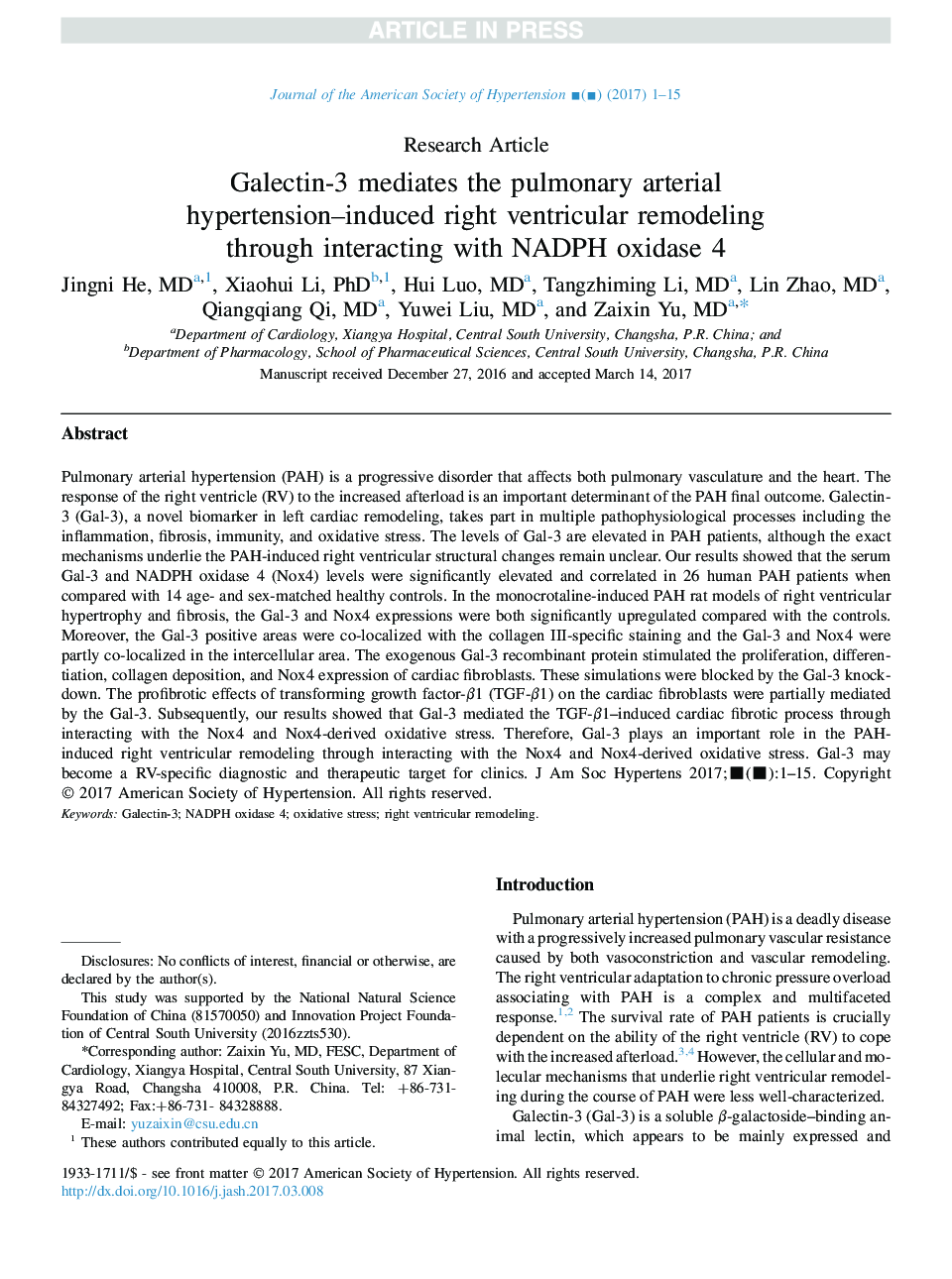 Galectin-3 mediates the pulmonary arterial hypertension-induced right ventricular remodeling through interacting with NADPH oxidase 4