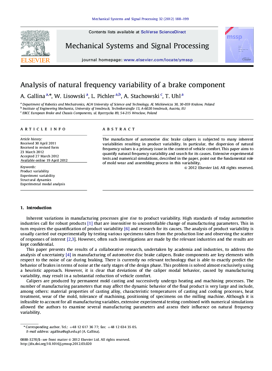 Analysis of natural frequency variability of a brake component