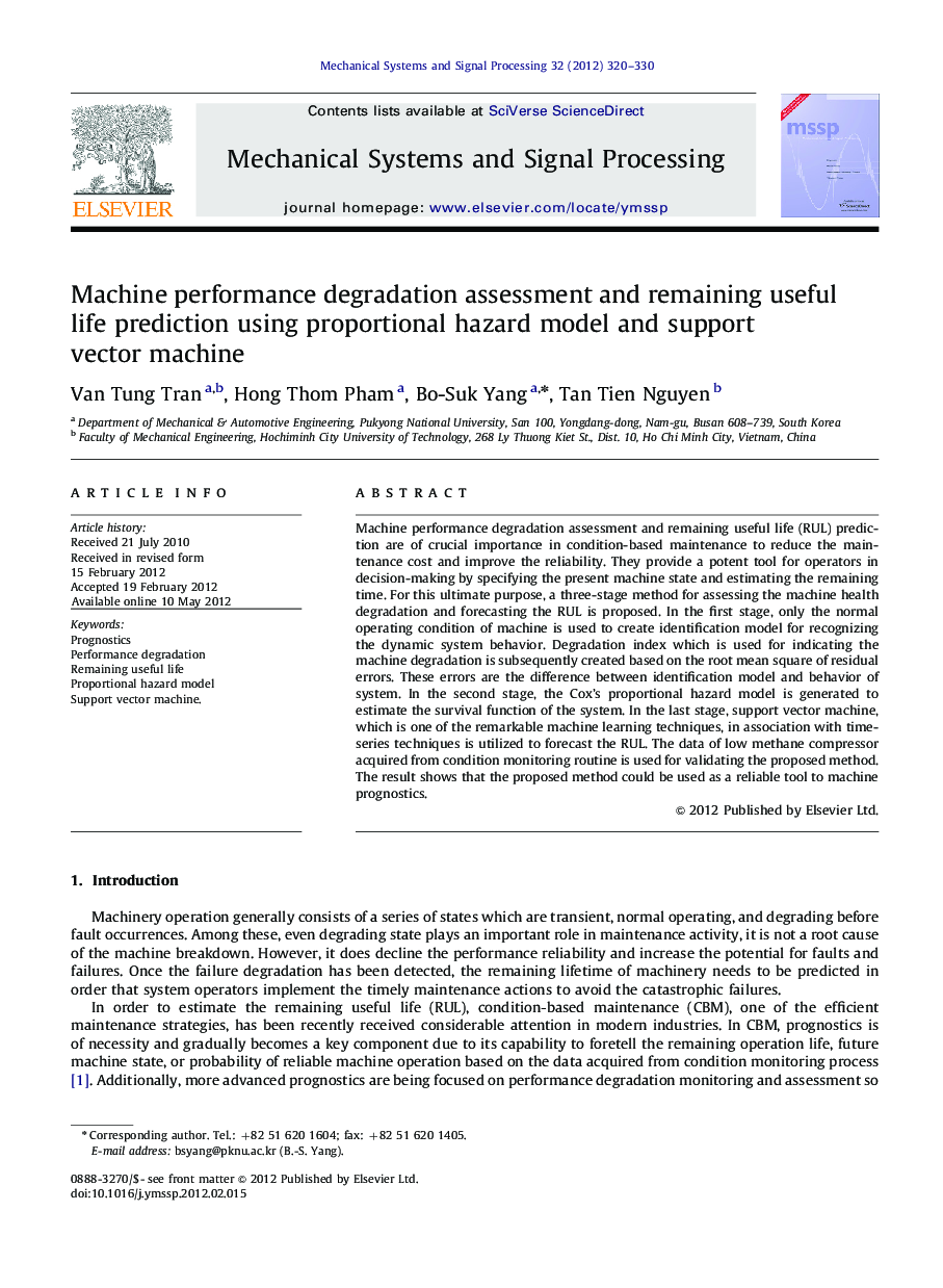 Machine performance degradation assessment and remaining useful life prediction using proportional hazard model and support vector machine