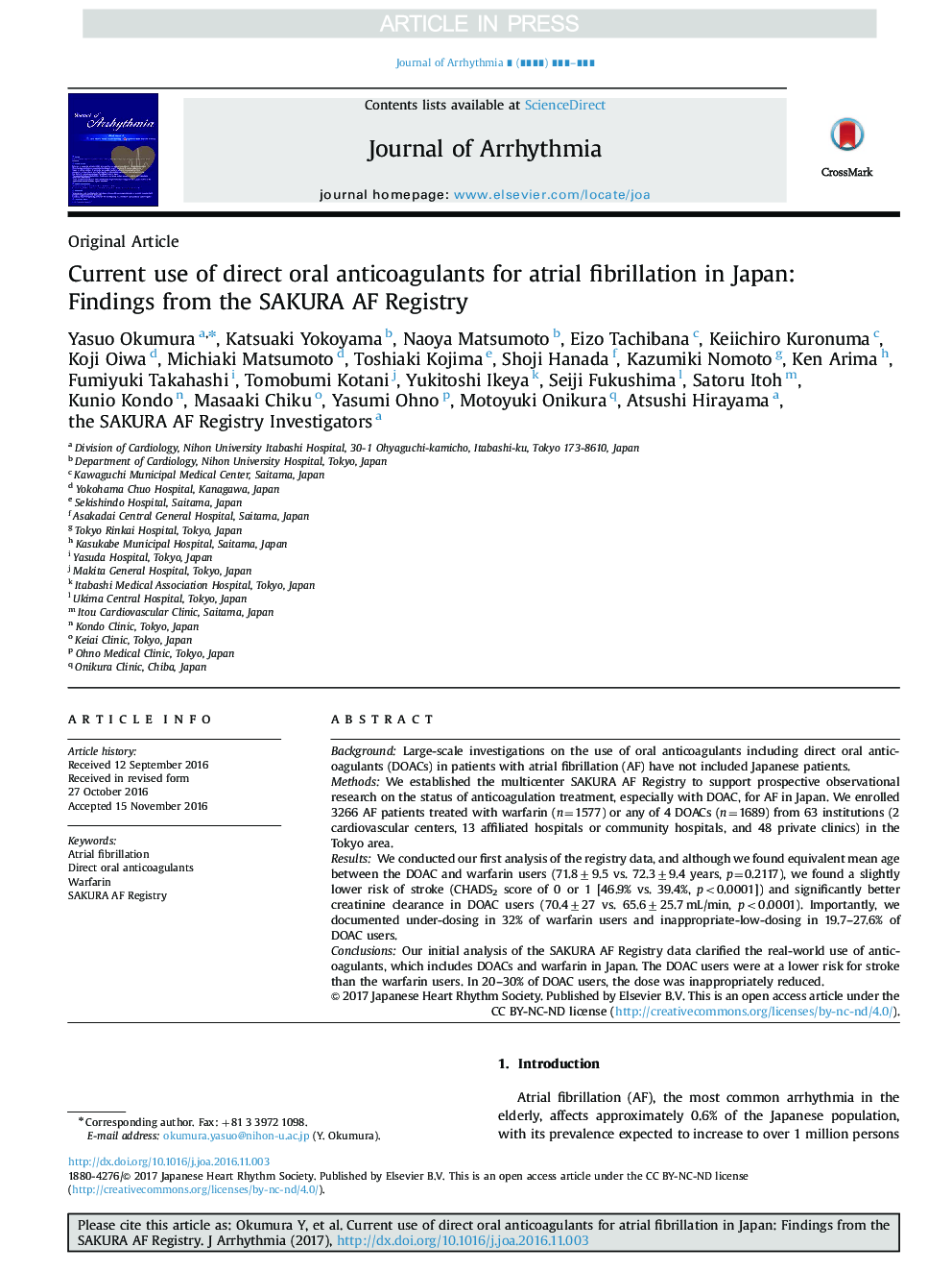 Current use of direct oral anticoagulants for atrial fibrillation in Japan: Findings from the SAKURA AF Registry