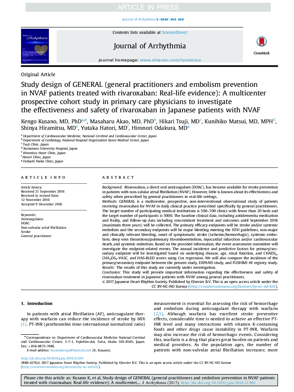 Study design of GENERAL (general practitioners and embolism prevention in NVAF patients treated with rivaroxaban: Real-life evidence): A multicenter prospective cohort study in primary care physicians to investigate the effectiveness and safety of rivarox