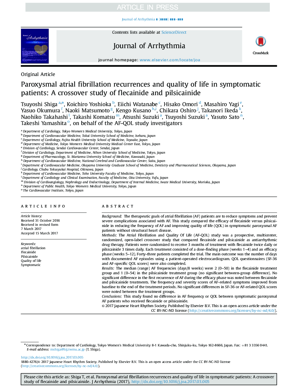 Paroxysmal atrial fibrillation recurrences and quality of life in symptomatic patients: A crossover study of flecainide and pilsicainide