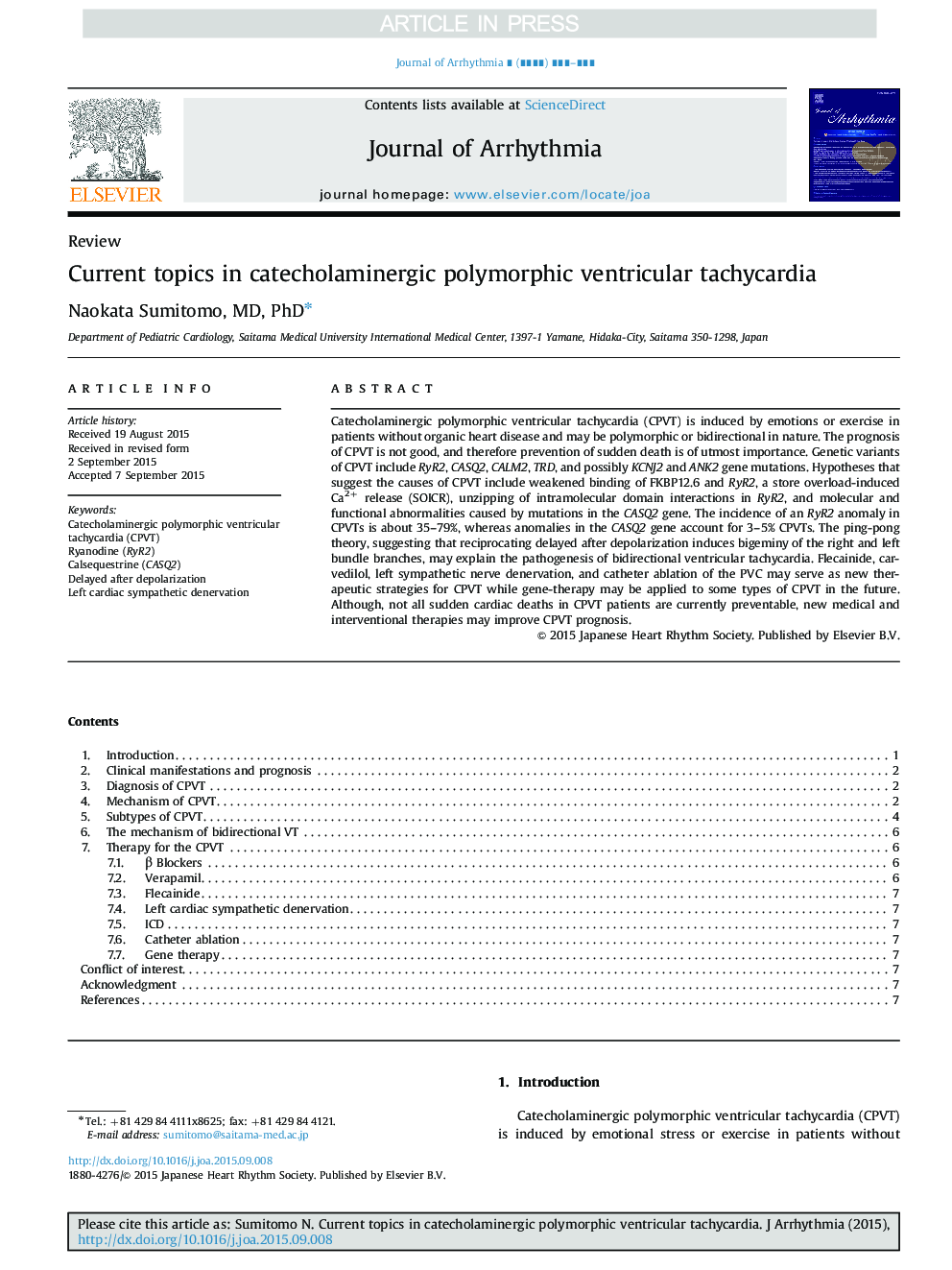 Current topics in catecholaminergic polymorphic ventricular tachycardia