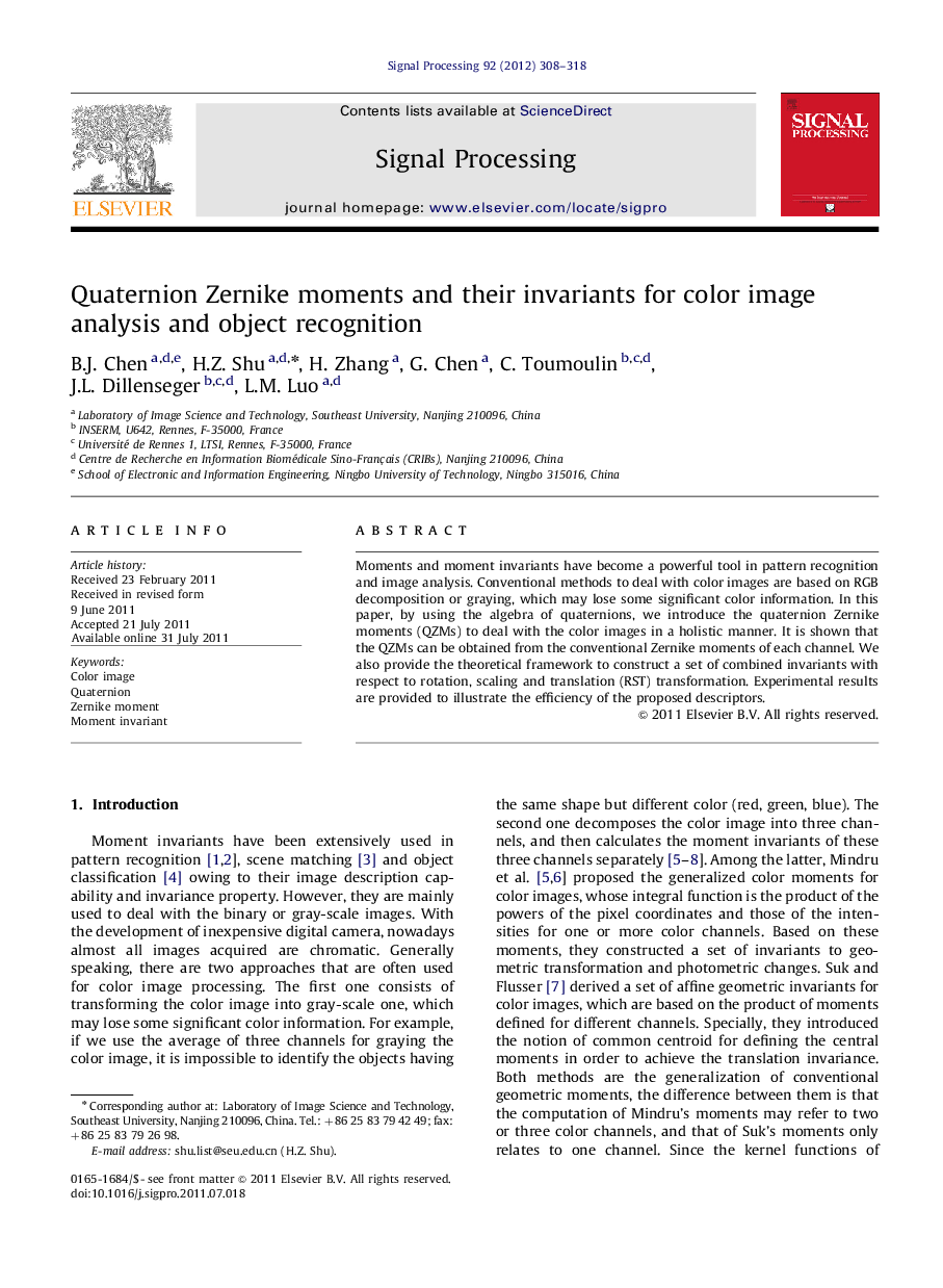 Quaternion Zernike moments and their invariants for color image analysis and object recognition