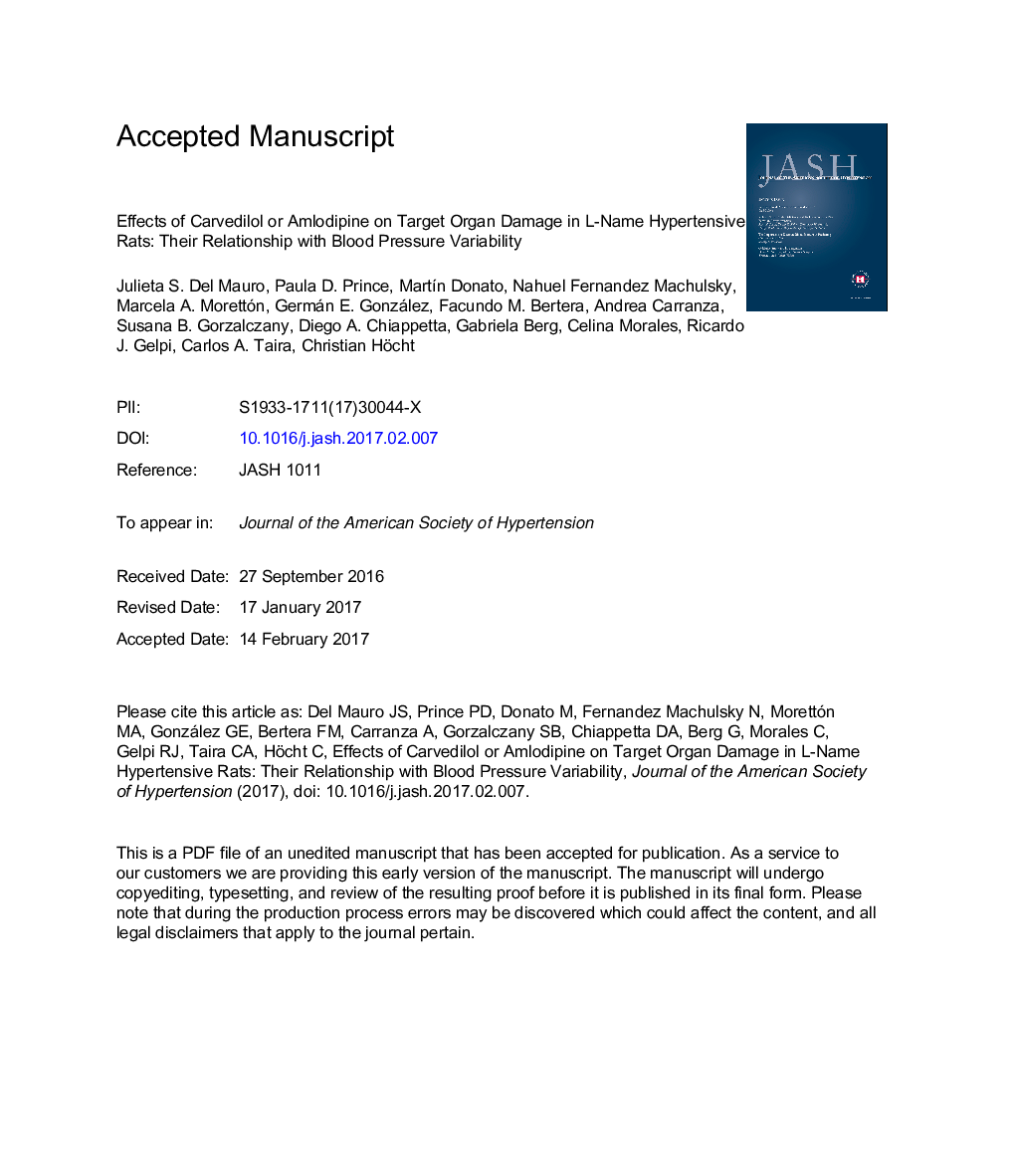 Effects of carvedilol or amlodipine on target organ damage in L-NAME hypertensive rats: their relationship with blood pressure variability