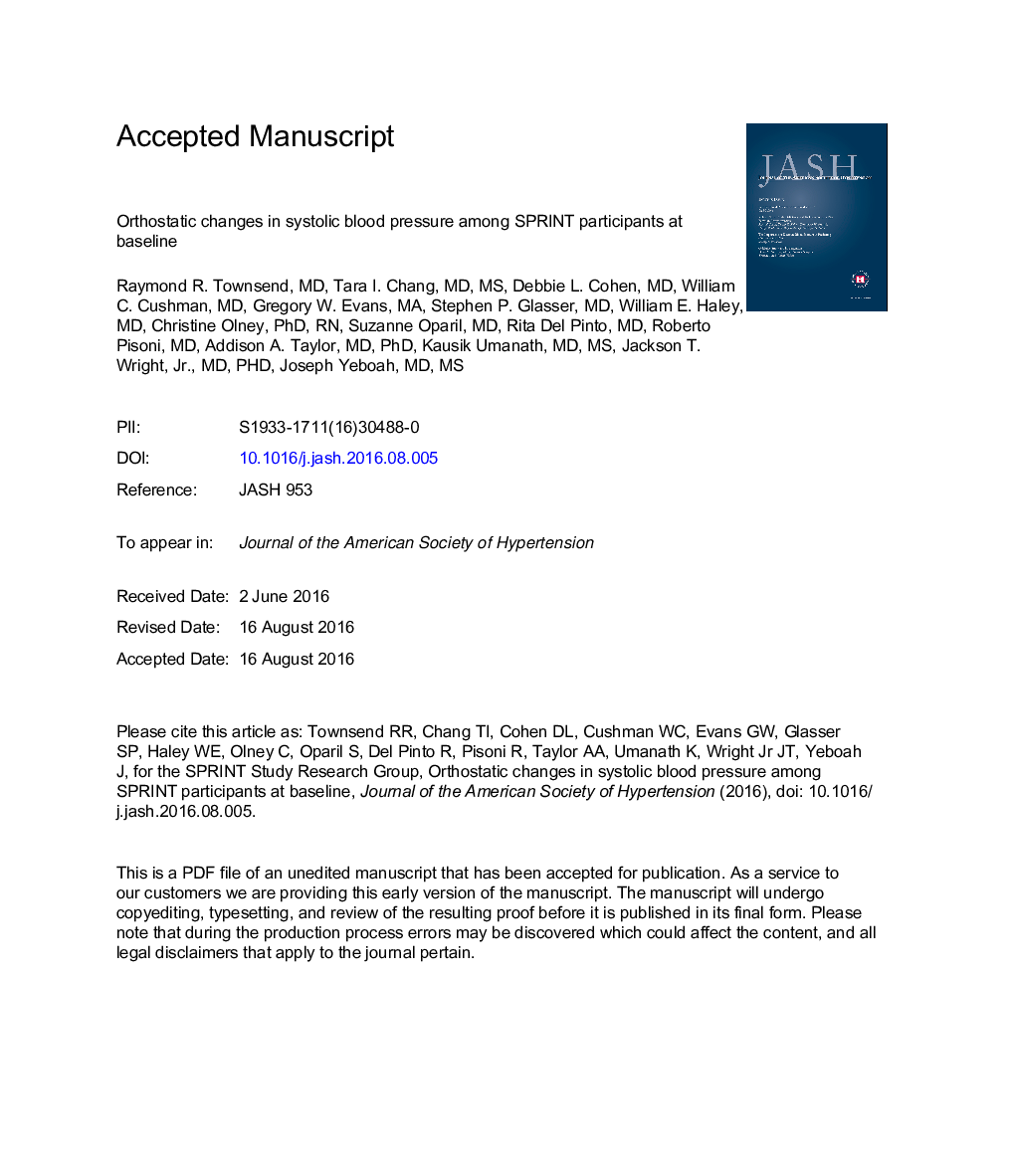 Orthostatic changes in systolic blood pressure among SPRINT participants at baseline