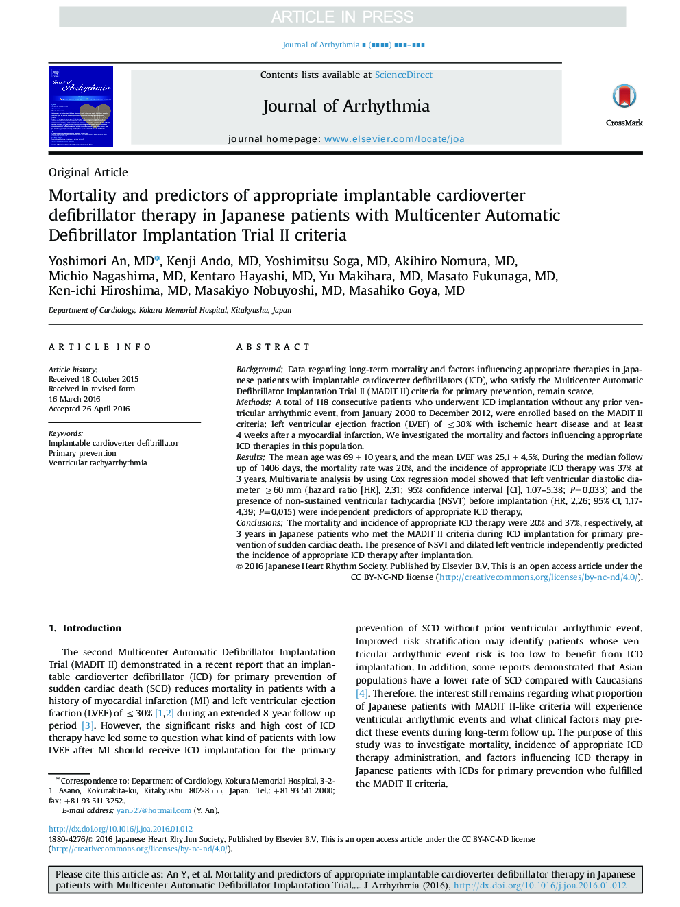 Mortality and predictors of appropriate implantable cardioverter defibrillator therapy in Japanese patients with Multicenter Automatic Defibrillator Implantation Trial II criteria