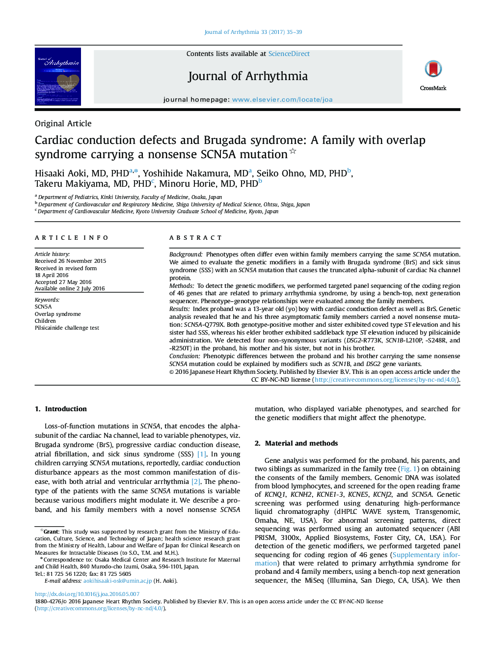 Original ArticleCardiac conduction defects and Brugada syndrome: A family with overlap syndrome carrying a nonsense SCN5A mutation