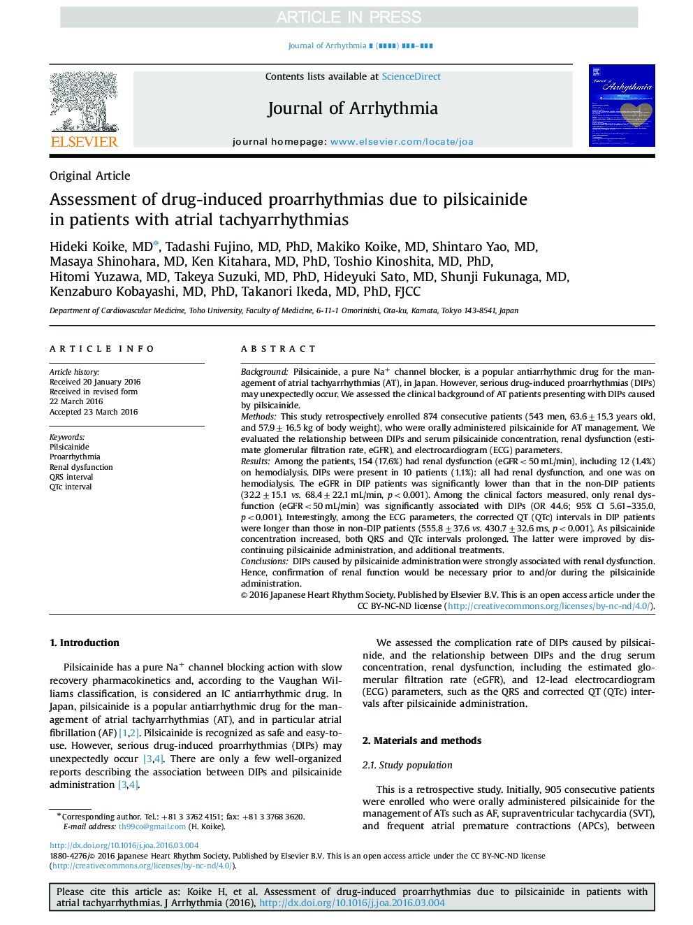 Assessment of drug-induced proarrhythmias due to pilsicainide in patients with atrial tachyarrhythmias