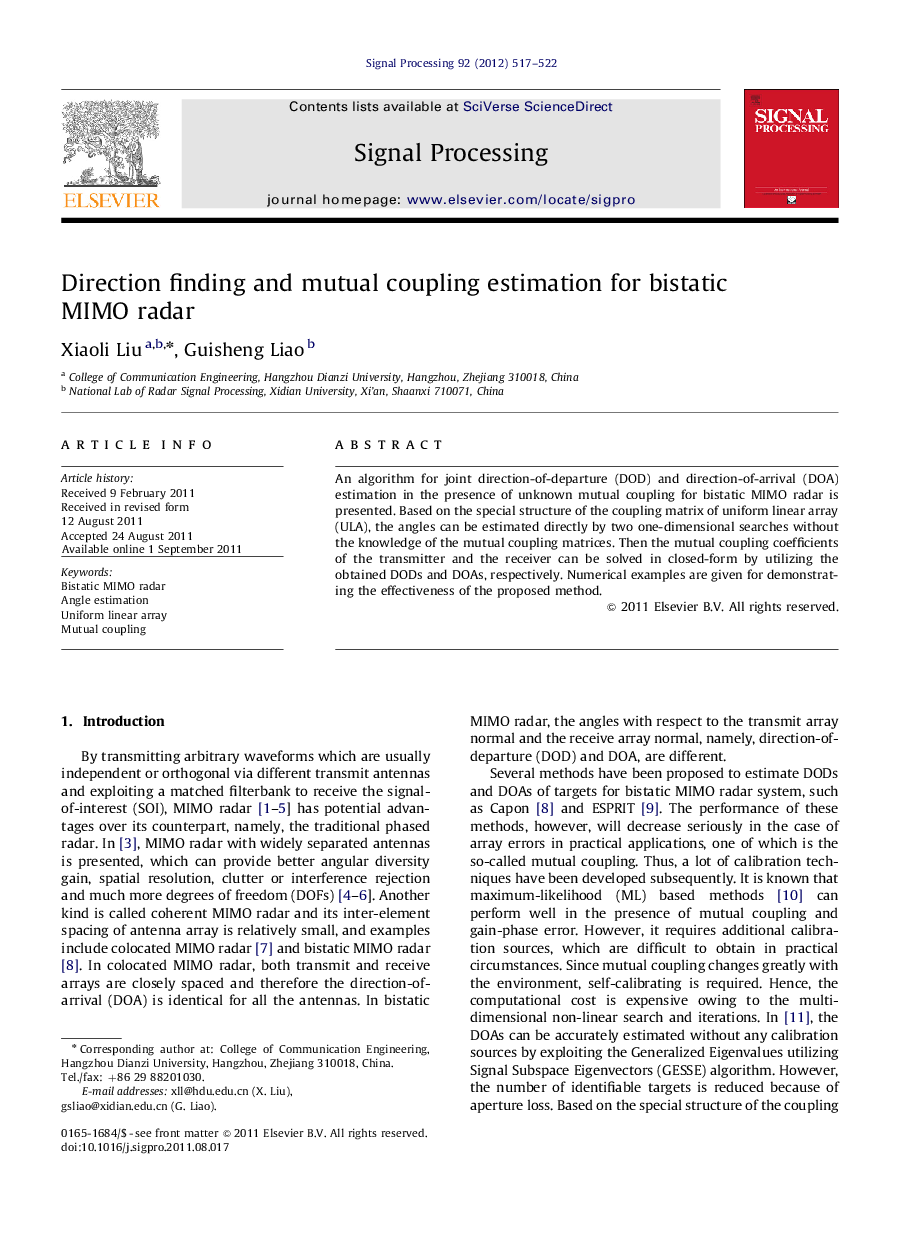 Direction finding and mutual coupling estimation for bistatic MIMO radar