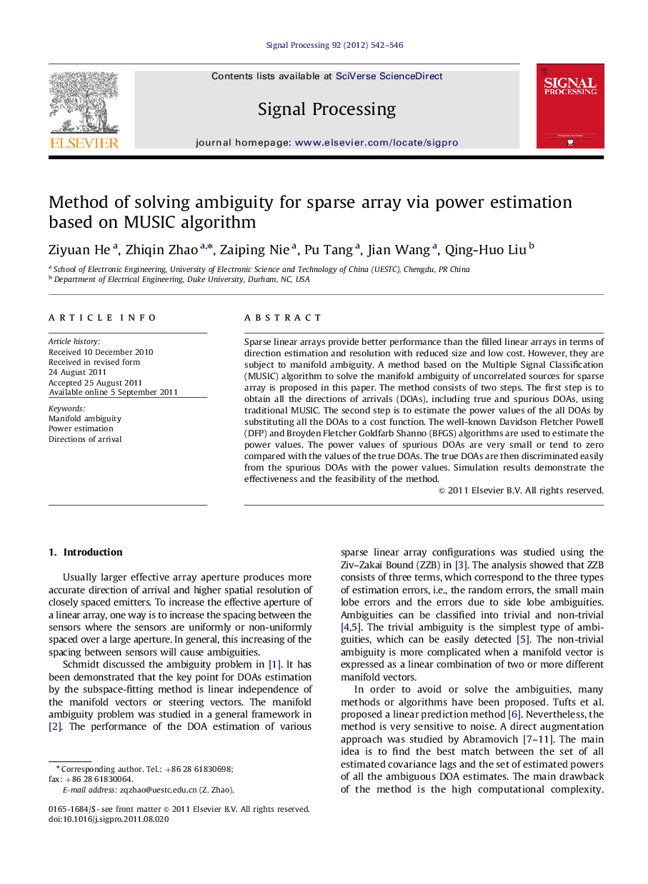 Method of solving ambiguity for sparse array via power estimation based on MUSIC algorithm