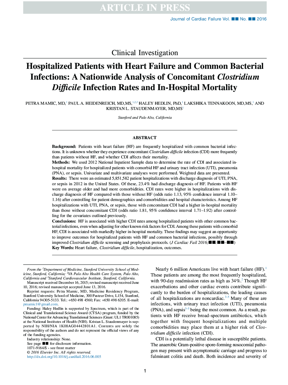Hospitalized Patients with Heart Failure and Common Bacterial Infections: A Nationwide Analysis of Concomitant Clostridium Difficile Infection Rates and In-Hospital Mortality