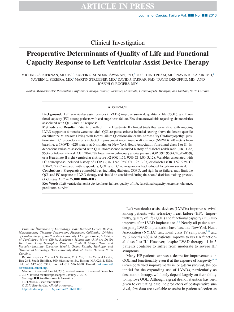 Preoperative Determinants of Quality of Life and Functional Capacity Response to Left Ventricular Assist Device Therapy