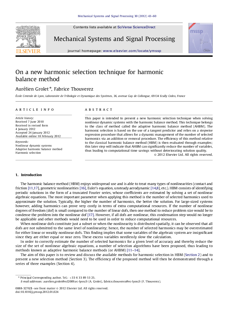 On a new harmonic selection technique for harmonic balance method