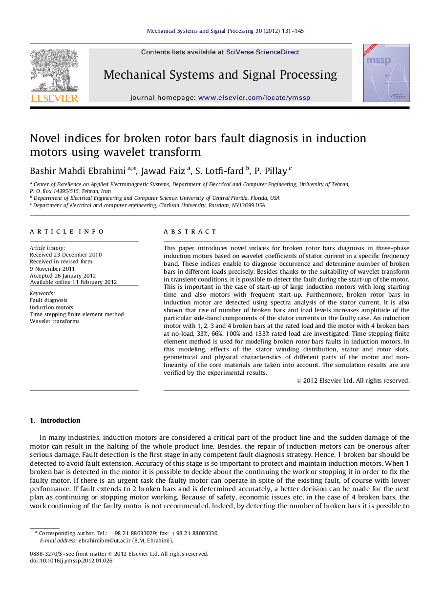 عکس صفحه اول مقاله: Novel indices for broken rotor bars fault diagnosis in induction motors using wavelet transform Novel indices for broken rotor bars fault diagnosis in induction motors using wavelet transform
