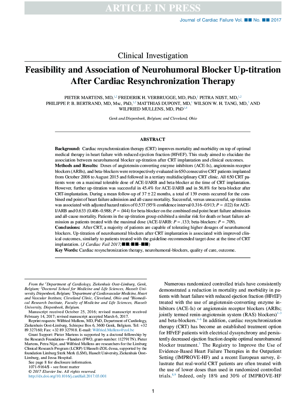 Feasibility and Association of Neurohumoral Blocker Up-titration After Cardiac Resynchronization Therapy