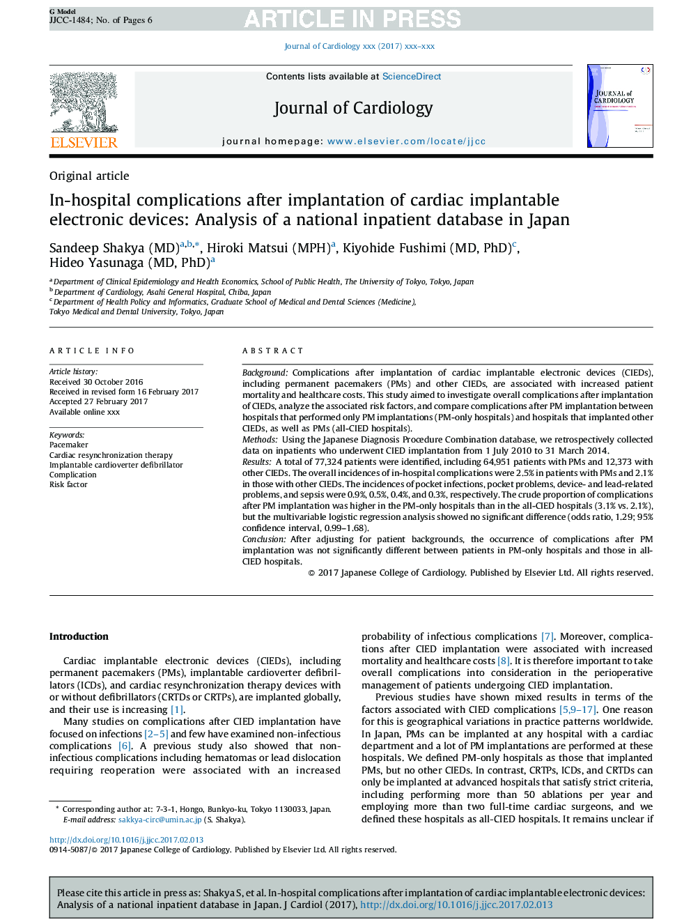 In-hospital complications after implantation of cardiac implantable electronic devices: Analysis of a national inpatient database in Japan