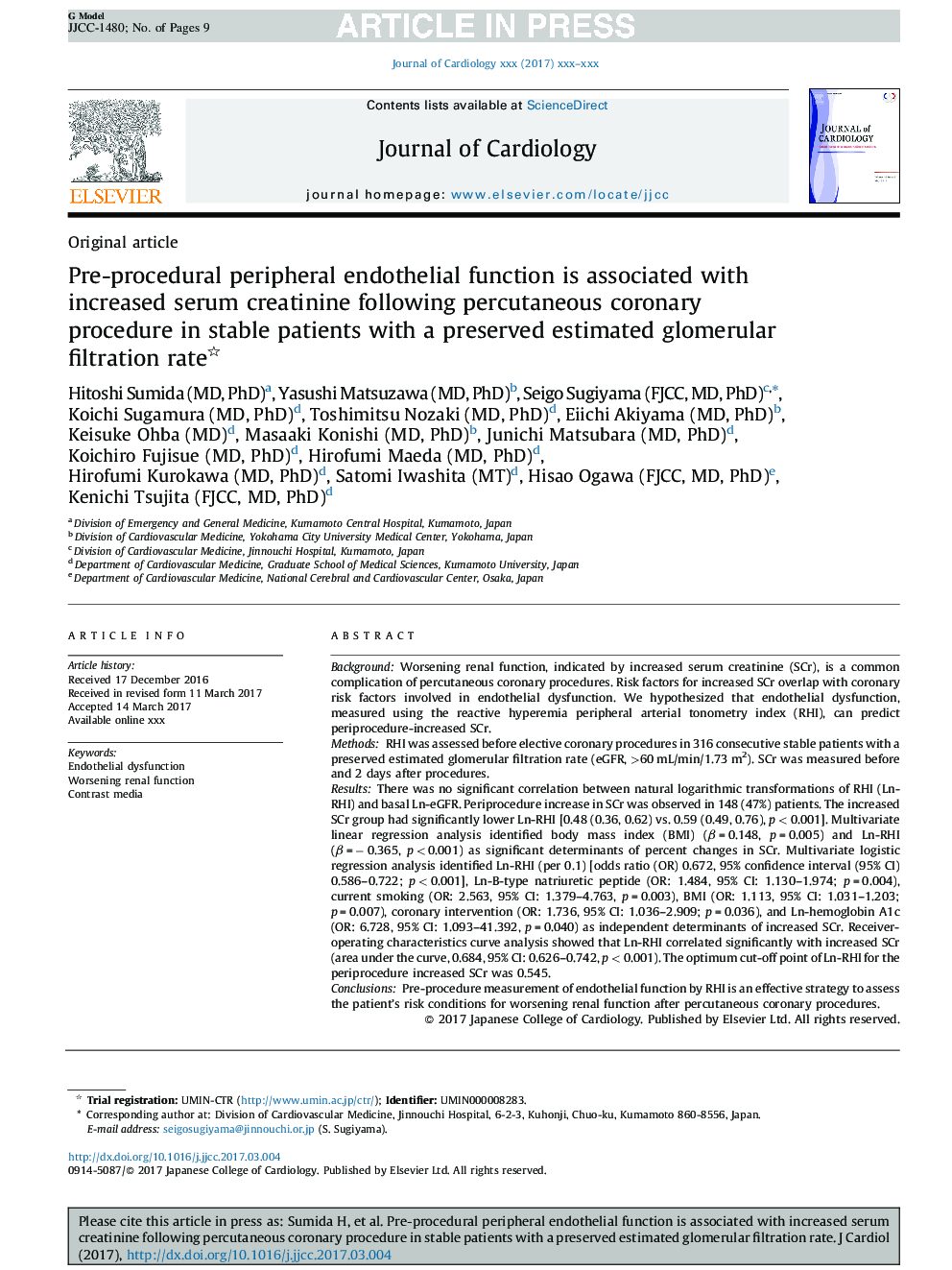 Pre-procedural peripheral endothelial function is associated with increased serum creatinine following percutaneous coronary procedure in stable patients with a preserved estimated glomerular filtration rate