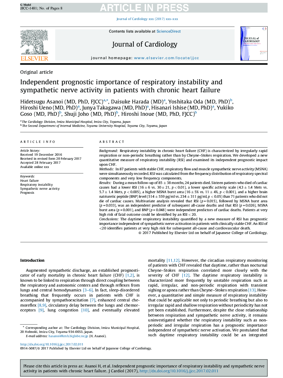 Independent prognostic importance of respiratory instability and sympathetic nerve activity in patients with chronic heart failure